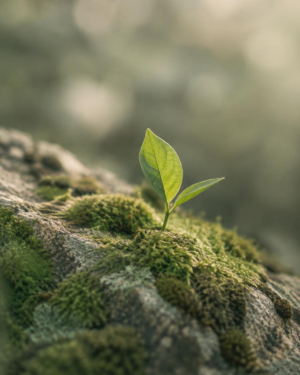 A small green seedling growing from moss on stone