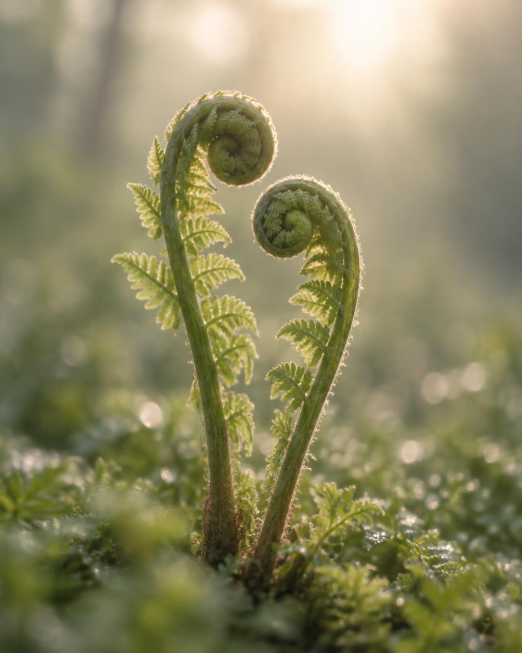 Two young fern fronds growing side by side in soft morning light