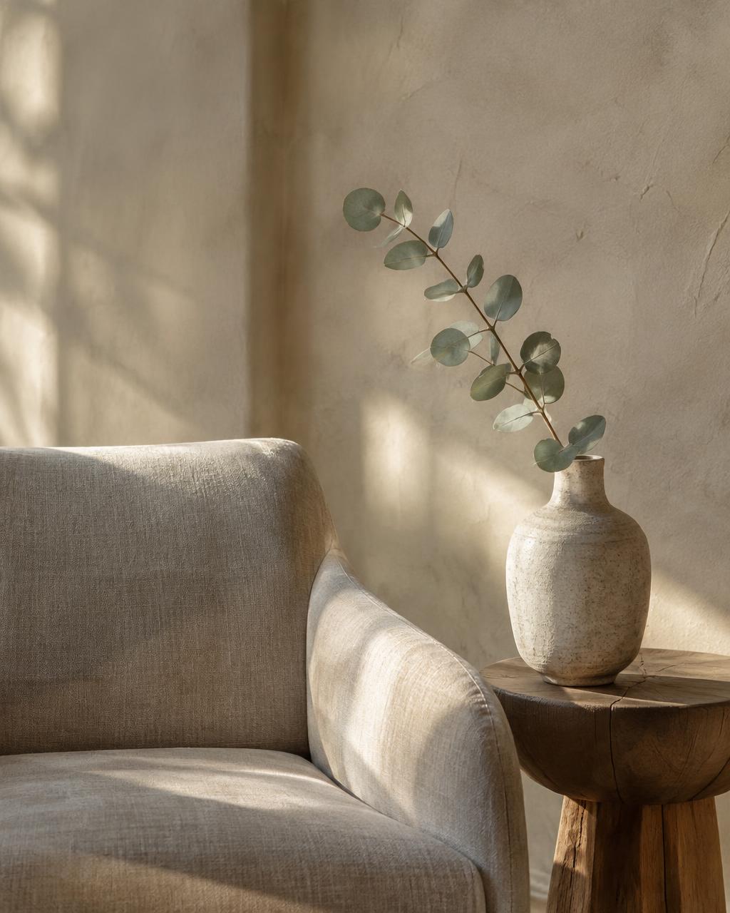 Soft window light across a linen armchair beside a vase with a eucalyptus branch